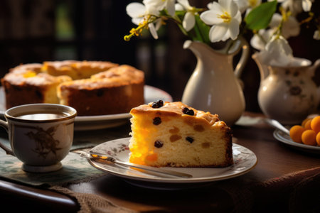 Indulging in a relaxed tea time with a slice of Simnel cake served on a plate, and a cup of tea within reachの素材