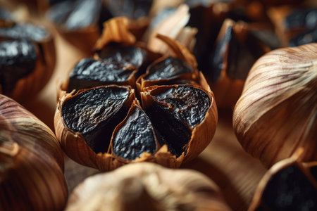 A detailed view of split black garlic bulbs, exposing their velvety, burgundy interior. Crafted through controlled fermentation, it offers a sweet, caramel-like tasteの素材