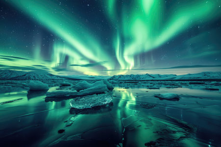 In this breathtaking image, the Northern Lights come to life, casting a magical spell with their vivid green and purple lights dancing across the starry night sky.の素材