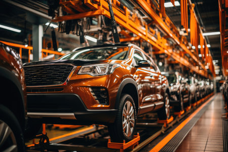 In the heart of car production: Industrial conveyor getting vehicles readyの素材
