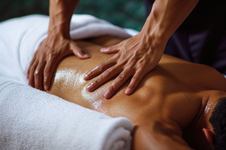 Therapeutic massage in progress, hands working on a tense back.の素材