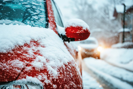 A red car, partly obscured by snow, displays its front and a snow-covered rearview mirror. The frosted windshield signifies recent winter weather, with a blurred vehicle in the backdropの素材