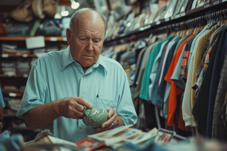 Vintage treasure hunting: An older shopper examines a light green find, his expressive face reflecting the fascination of thrift store explorationの素材