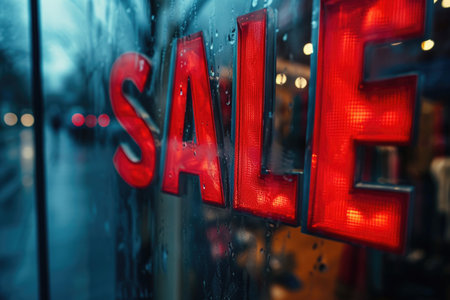 A glowing 'SALE' sign on a store window beckons shoppers on a rainy day.の素材