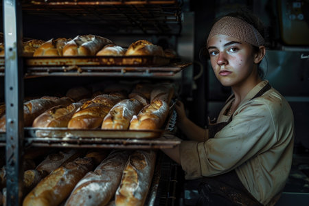 A woman elegantly holds a tray filled with a variety of freshly baked bread in front of a rustic wooden rack stacked with more bread loaves.の素材