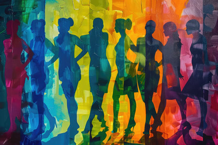 A colorful painting capturing a diverse group of people, standing side by side in solidarity. Each individual is unique, yet united in their empowerment and strength.の素材