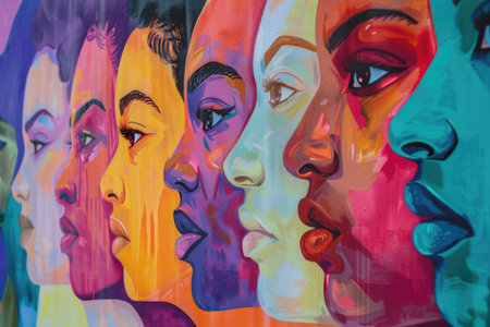 A vibrant painting showing a diverse group of womens faces, each expressing unique emotions and identities through their nuanced features.の素材