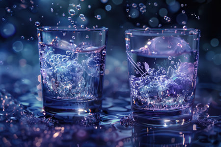 Two glasses, filled with water, sit gracefully on top of a table. The stillness of the scene is marred only by the subtle ripples in the water.の素材