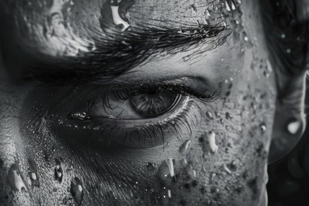 The face of a person is covered in mud, creating a raw and emotional visual display. The texture of the mud contrasts with the skin, conveying a sense of connection to nature.の素材