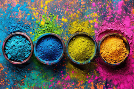 Splashes of neon Holi hues create a festive abstract pattern.の素材