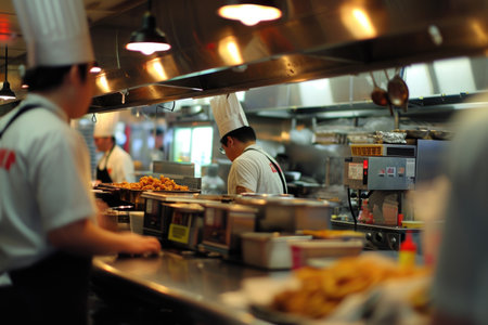 The fast-paced world of a restaurant kitchen: employees in uniform managing food, digital screens displaying orders, and a bustling ambianceの素材