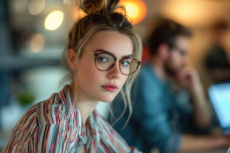 A focused female employee working on a project with a colleague in the background.の素材