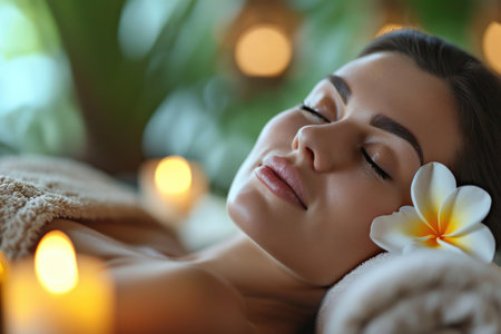 Soothing spa session, woman with flower, peaceful setting.の素材
