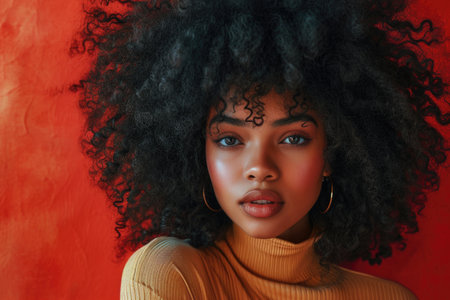 Captivating allure: An elegant lady with curly black hair exudes confidence and charm against a vibrant red backdrop.の素材