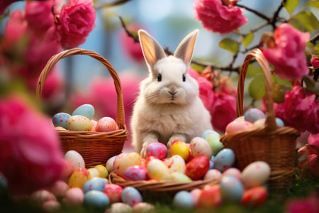 Spring blossoms watch over a bunny guardian of a treasure trove of eggs.の素材