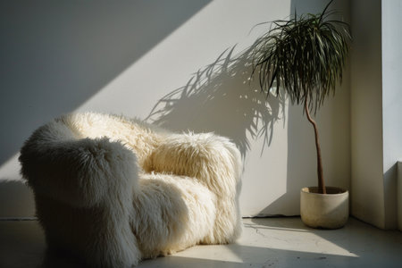 An inviting fluffy chair placed near a softly illuminated wall, creating a tranquil and cozy atmosphereの素材