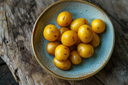 Natural Nutrients: An image of natural nutrients displayed through boiled yellow potatoes on a speckled ceramic plate, highlighting their role in a balanced dietの素材