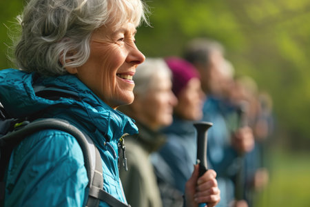 A content and smiling senior woman practicing Nordic walking in a springtime park, embracing an active lifestyleの素材