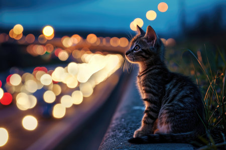 Small Tabby Cat Enjoying City Lights at Nightの素材