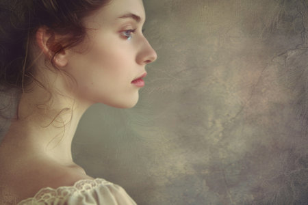 A painting of a woman gracefully adorned in a flowing white dress, exuding elegance and grace in a soft focus composition.の素材