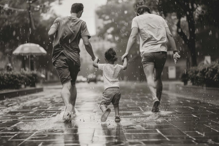 A neurodiverse family, walking closely together, navigates the rain with ease and togetherness. Each member peacefully cherishes the moment while embracing the weather.の素材