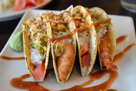 A white plate holds three tacos piled high with a fusion of Japanese and Mexican flavors, topped with a delightful array of ingredients.の素材