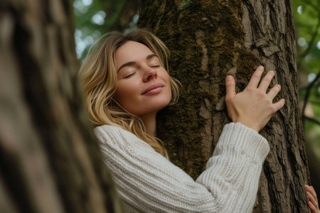 A portrait of tranquility, her gesture speaks to the healing power of nature's embrace.の素材