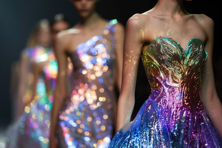 A group of stylish women confidently walk down a fashion runway, showing elegance and grace in their movements.の素材
