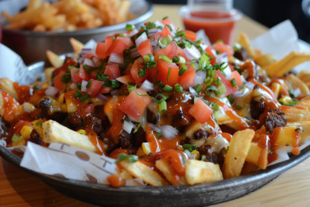 A plate of crispy fries smothered in a decadent blend of melted cheese and tantalizing toppings, creating a mouthwatering and visually appealing dish.の素材