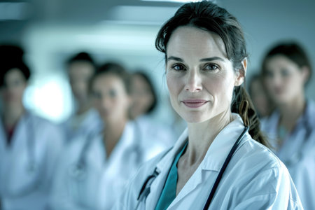 A female doctor in a pristine white lab coat stands confidently before a group of doctors, taking charge and leading them. The scene exudes professionalism and expertise.の素材