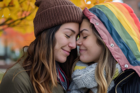 Two women with diverse backgrounds and styles are warmly hugging each other in a vibrant park filled with colorful flowers and trees.の素材
