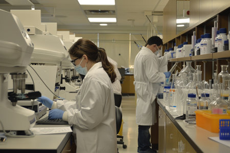 Expert medical researchers in lab coats diligently conducting experiments and analyzing data in a modern laboratory setting.の素材