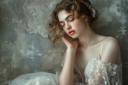 A woman with a serene expression wears a flowing white dress as she sits elegantly in a peaceful pose.の素材