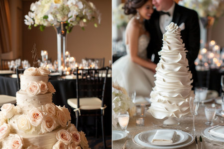 A beautifully dressed bride and groom are standing next to a lavish wedding cake, gazing at it with joy and admiration on their special day.の素材