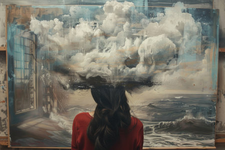 A woman stands with awe in front of a large, captivating painting, admiring the intricate details and vibrant colors. Her expression reflects wonder and contemplation.の素材