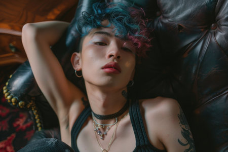 A woman with striking blue hair is peacefully laying on a comfortable couch, exuding a sense of calm and relaxation.の素材
