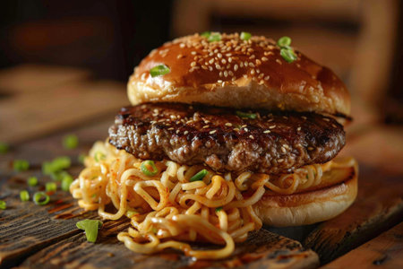 A fresh, mouth-watering hamburger is placed on top of a rustic wooden table, tempting with its juicy patty and toppings.の素材
