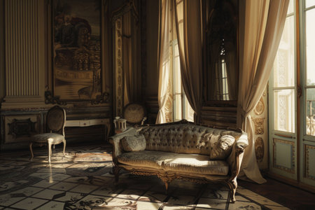 A comfortable living room featuring a luxurious couch, a stylish chair, and natural light pouring in through a large window.の素材