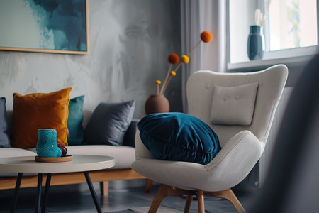 A spacious living room adorned with an array of furniture and a captivating painting hanging on the wall, creating a harmonious and inviting ambiance.の素材