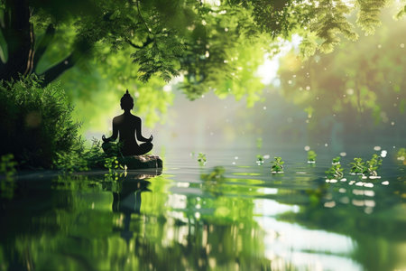 A serene Buddha statue sits peacefully in the center of a calm body of water, surrounded by tranquility and serenity.の素材