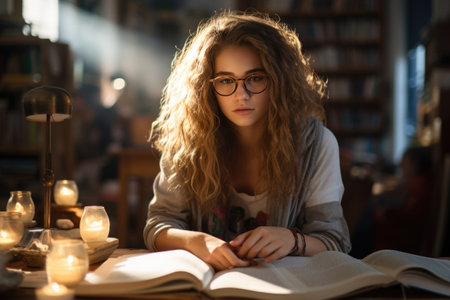 A charming girl with glasses engrossed in reading, navigating the depths of literature within the library's serene embrace. A curious intelligence at playの素材