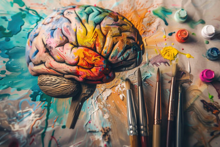 A colorful painting of a brain being intricately detailed with various paintbrushes, showing the creativity and intelligence of the mind.の素材