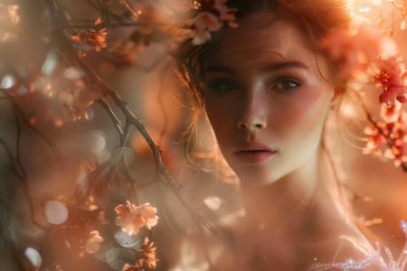 A serene woman gracefully adorns her hair with a delicate flower, exuding elegance and tranquility in a moment of natural beauty.の素材