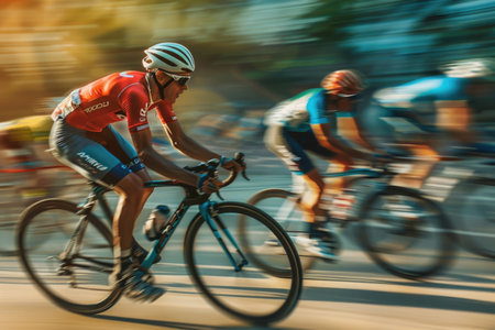 A lively group of individuals riding bicycles down a vibrant city street, showcasing motion and unity in their cycling activity.の素材
