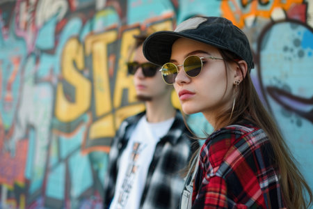 A stylish man and woman standing in front of a vibrant graffiti wall, admiring the colorful street art and connecting with the urban culture.の素材
