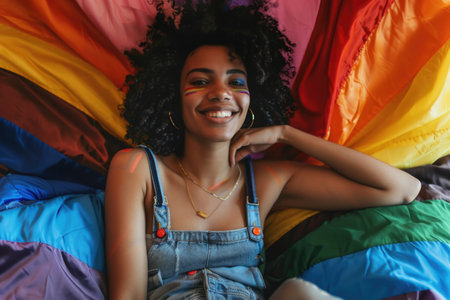A woman is peacefully laying on top of a vibrant rainbow colored blanket, basking in the colorful hues surrounding her.の素材