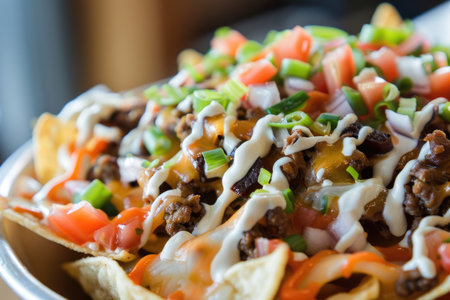 A close-up view of a tempting plate filled with crispy nachos topped with a melty cheese sauce, savory beans, fresh salsa, and creamy guacamole.の素材