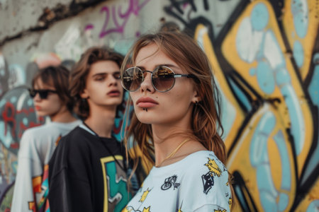 A group of stylish young individuals standing casually next to a vibrant graffiti-covered wall on a city street, showcasing urban fashion and artistic expression.の素材
