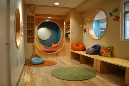 A childs playroom adorned with a circular mirror and cozy wooden benches, creating a magical and inviting space for imaginative play and relaxation.の素材