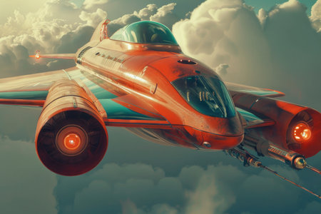 A red and blue jet soars through a cloudy sky with determination and speed, embodying the essence of retro futurism.の素材